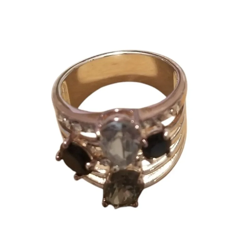 Silver Plated Grey, Onyx, and Clear Cubic Zirconia Ring Size 7